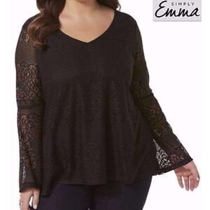 NWT Simply Emma Sz 1X Plus Black Crochet Lined Mesh Lace Tunic long Sleeve New